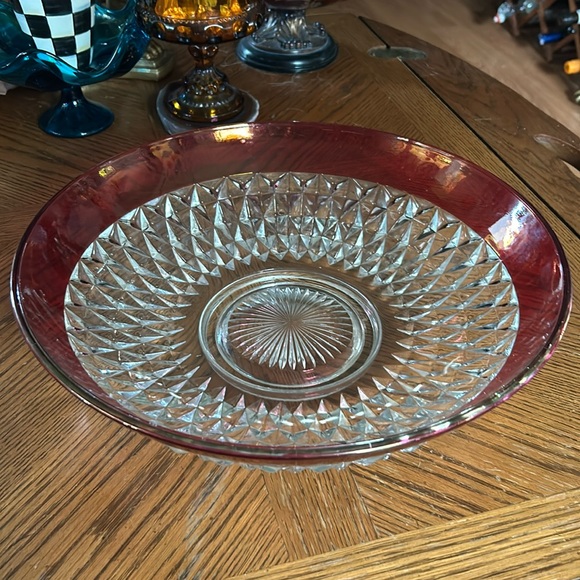 Vintage Indiana Glass Ruby Flash Band Crystal Diamond Point Bowl - Picture 1 of 5